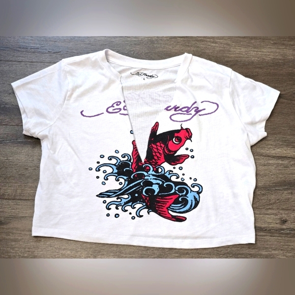 Ed Hardy Crop Tee Slit Neck Size Large - Picture 2 of 10